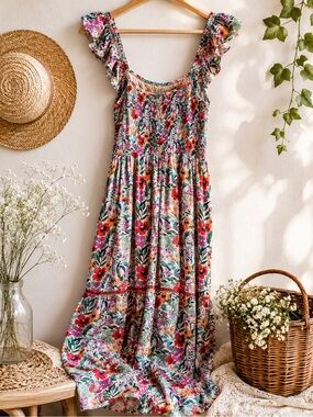 Lost + Wander Floral Smocked Midi Dress XS Cottagecore Boho Garden Party